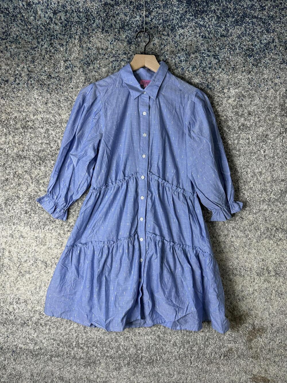 Francesca's Dress Womens Small Blue Chambray Shirt Mini Puff 3/4 Sleeve Tiered